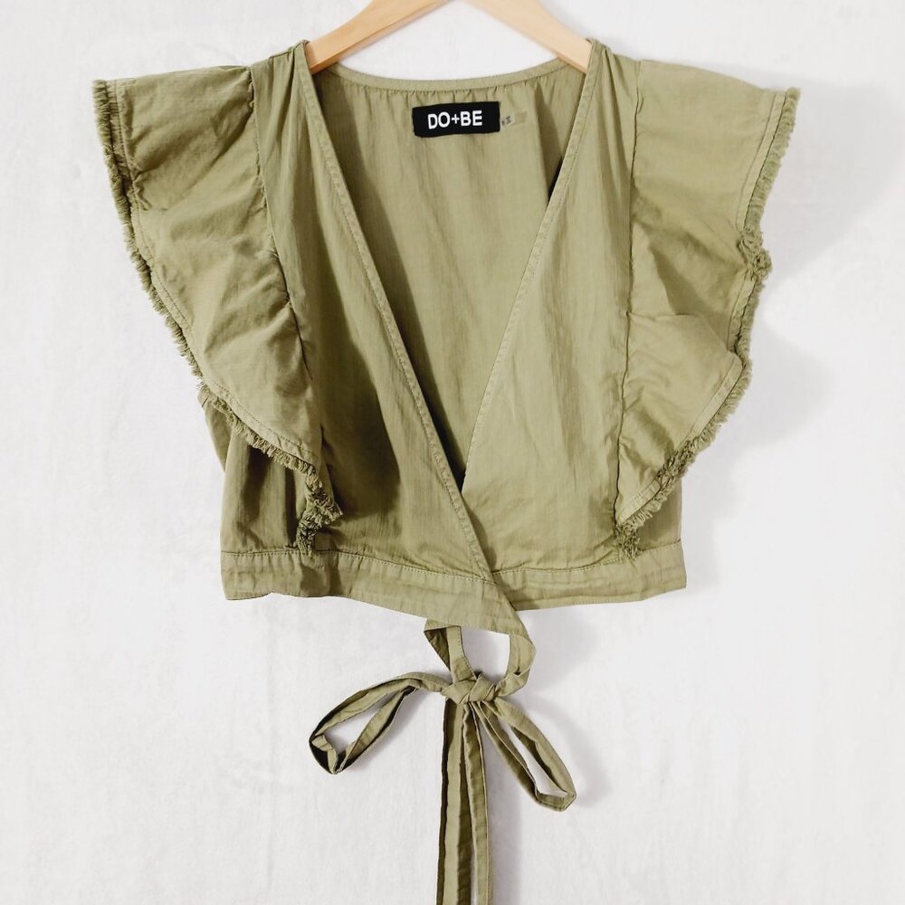 DO + BE, Khaki Green Crop Top Wrap Tie Waist Ruffled Sleeves Cotton, Festival, S - Picture 7 of 13